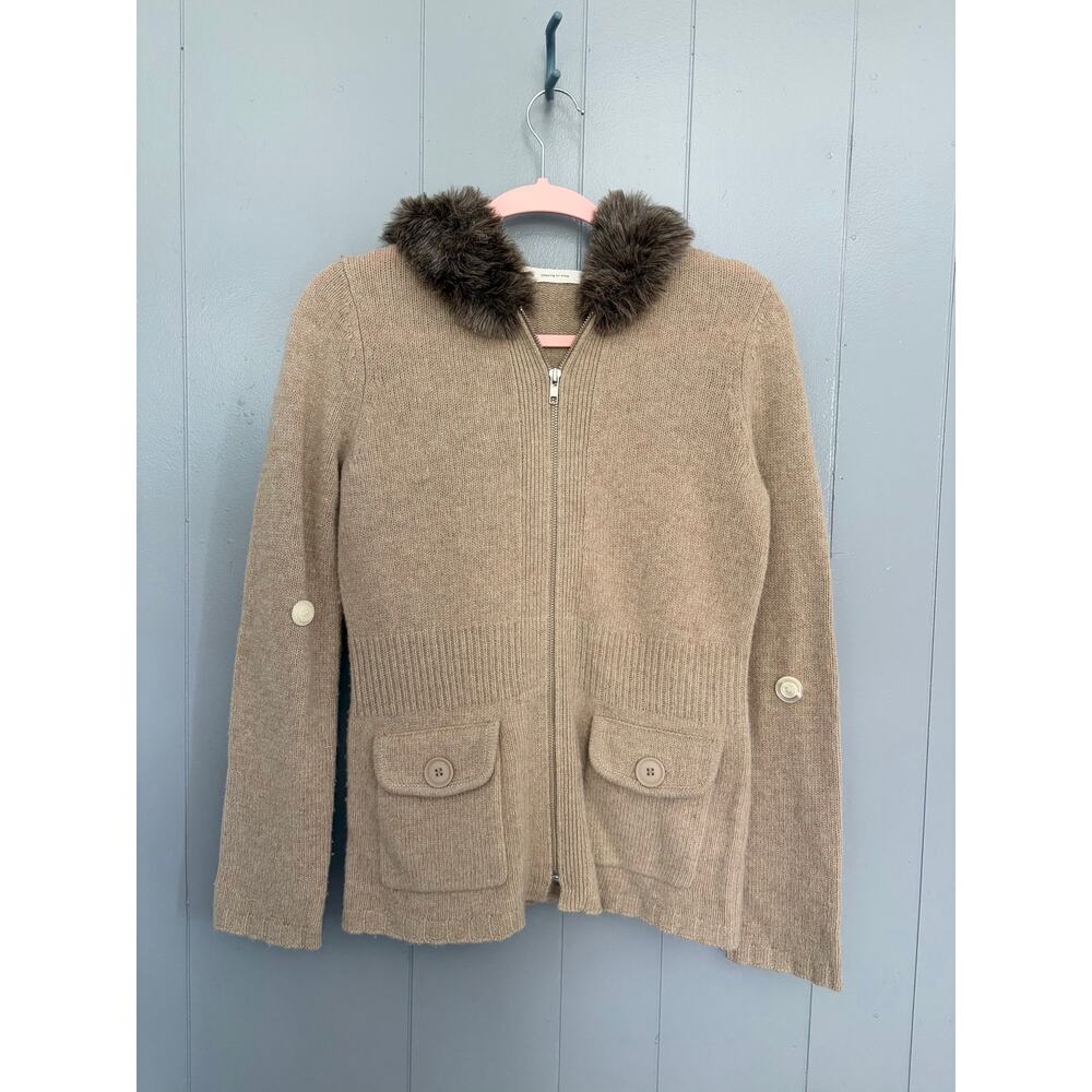 Anthropologie Sleeping on Snow Tan Lambswool Full Zip Hooded Sweater S
